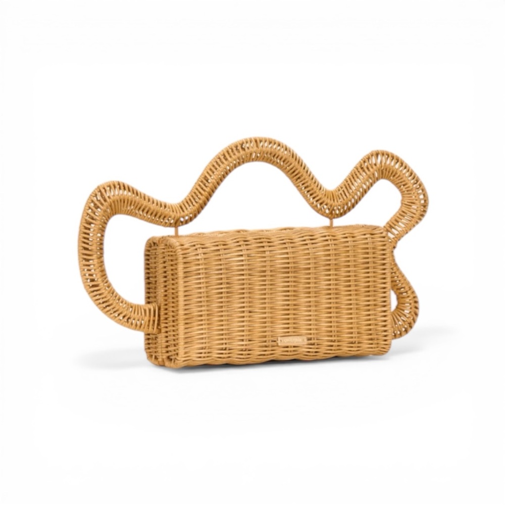 NIB, Cult Gaia Elsa Wavy Rattan Clutch Natural Top Handle Ret. $498